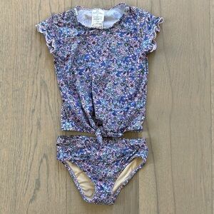 Girls' Lavender Floral Knot-Front Rash Guard Bikini Set
